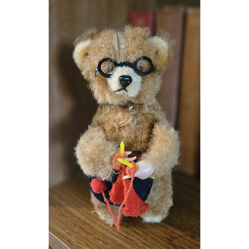 Vtg 1950s Kuramochi CK Japan Wind Up Knitting Bear Mohair Mechanical Toy Works